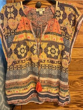 ONE WORLD Multicolor Boho Patchwork Tassel Tie Blouse